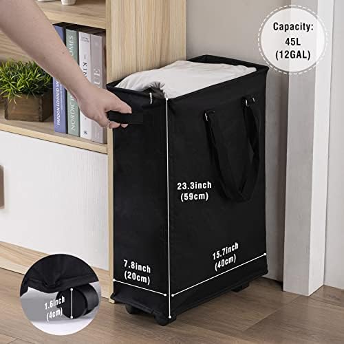 45L Slim Rolling Laundry Basket with Wheel & Adjustable Long Handles, Black - Image 3