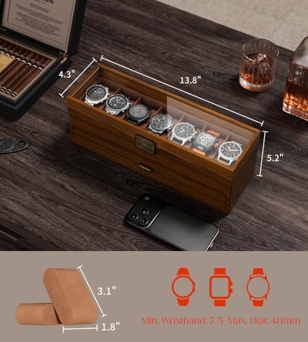 Watch Case Box for Men - Ultra-thin Frame Wide Display 7 Slots 2-Layer Wood Grain Watch Storage Organizer with Jewelry Drawer, Real-glass Display Case Collection Box Gift for Dad Husband - Image 7