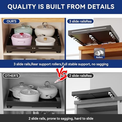 Pull out Cabinet Organizer, Full Metal Expandable Width (14.8"-20.8") & Depth (12.4"-17.7") Adjustable Slide out Drawers, No Drill Adhesive Roll out Shelves for Kitchen Pantry, Black - Image 4