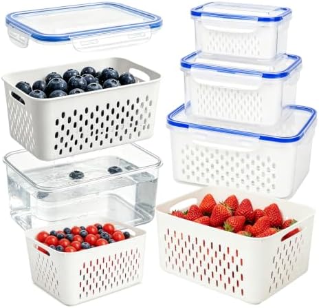 Fruit Containers 3Pcs with Removable Colanders & Lids, Fridge Fresh Storage by Unknown