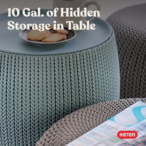 Keter Urban Knit Pouf Ottoman Set of 2 with Storage Table for Patio and Room Décor - Perfect for Balcony, Deck, and Outdoor Seating, Misty Blue & Taupe - Image 6
