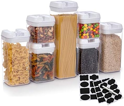 Set of 7 Airtight Food Storage Containers - Pantry Organizer Bins, BPA Free Plastic Containers plus Dry Erase Marker and Labels, White by Alphx+Innovations