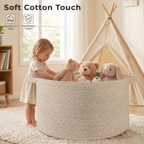 OIAHOMY 90L Extra Large Blanket Basket - Decorative Cotton Rope Storage Basket for Bedroom, Living Room & Nursery - Woven Laundry Hamper for Organizing Blankets, Clothes & Toys - Brown - Image 5