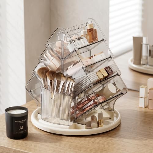 Rotating Makeup Organizer for Countertop, Large Clear Acrylic Cosmetic Caddy with Carry Handle & Necklace Hooks, 10 Tilted Compartments and 2 Brush Holders for Lipsticks, Skincare - Image 6