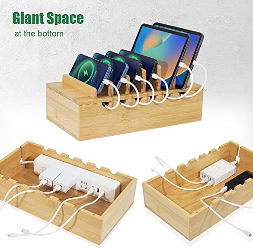 Bamboo Charging Station for Multiple Devices, Desk Docking Stations Organizer Compatible with iPhone Devices, Wood Charging Cell Phone Holder Stand (Includes 6 Cables) (NO Power Supply) - Image 5
