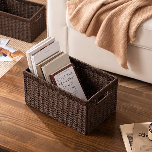 UBBCARE 3 Pack Wicker Basket, 13.4L×8.3H×7.1W inch Woven Paper Rope Storage Baskets for Shelves, Foldable Rectangular Storage Baskets with Handle, Storage Basket for Organizing, Dark Brown - Image 5