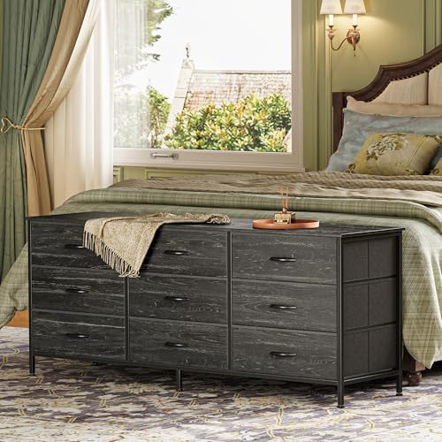 Huuger Long Dresser for Bedroom, 55 Inch TV Stand for 55, 60 Inch TV, Entertainment Center with Drawers, Large Storage, 9 Fabric Drawers Dresser for Closet, Charcoal Black Wood Grain Print - Image 6