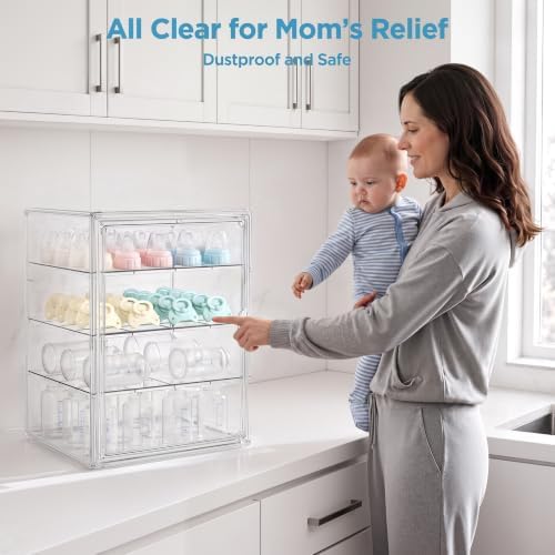 HBlife Baby Bottle Storage Organizer for Countertop Cabinet, 4 Tiers Adjustable Clear Acrylic Bottles Storage Station Case Box Container with 3 Removable Dividers and Magnetic Door, X-Large - Image 2