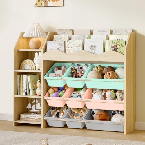 EXPERLAM Kids Toy Organizer, Scalloped Bookshelf, 4 Shelves, 9 Color Bins by EXPERLAM