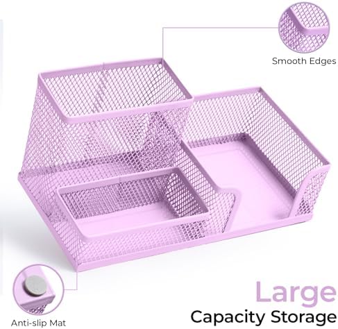 M&G Mesh Pen Holder Desk Organizers Pencil Holder for Desk Purple, 3 Compartments Metal Office Supply Organizer with Sticky Notes Holder for Home Office - Image 3