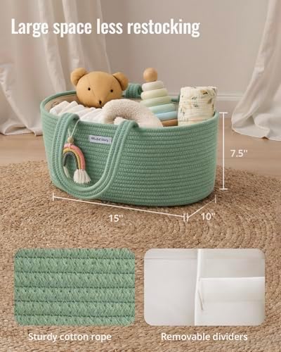 Blissful Diary Diaper Caddy Organizer, Woven Cotton Rope, Green - Image 3