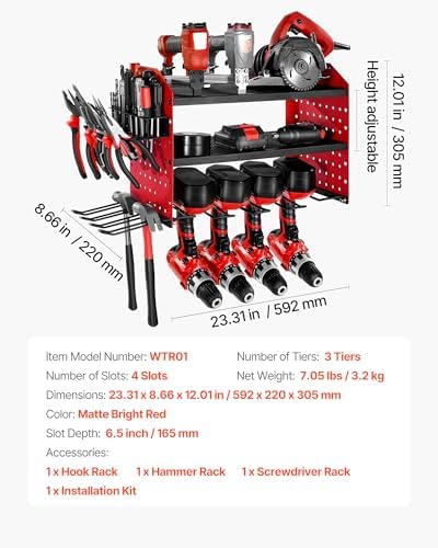 VEVOR Power Tool Organizer Wall Mount, 3-Layer Storage Rack with 4 Drill Holders, Tools Holder and Storage Rack with Side Pegboards, Garage Tool Organizer for Garage, Workbench, and Workshop - Image 7