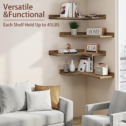 Floating Corner Shelves Set of 4, Rustic Pine Wooden Floating Corner Wall Shelf for Wall Décor Storage, L Shaped Corner Shelf Wall Mount For Bedroom, Living Room, Bathroom, Kitchen, Light Brown - Image 5