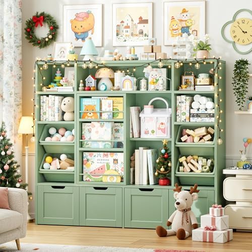FINETONES Toy Storage with Sliding Bookshelf, Toy Organizer with 4 Bins - Image 2