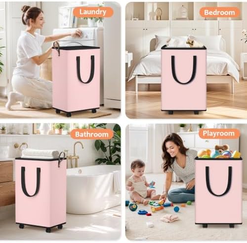 SpaceTrove Rolling Laundry Basket with Wheels, Laundry Hamper, 80L, Pink - Image 6