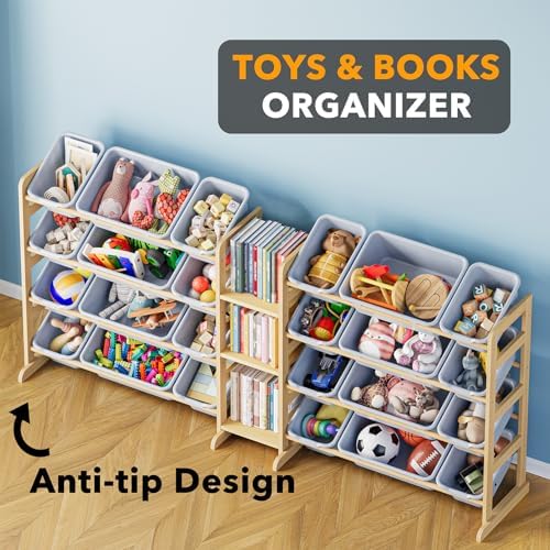 SpaceAid Large Toy Storage Organizer with 24 Bins and 3 Shelves, Toy Organizers Storage Bookshelf, Kids Bin Shelf Box Bookcase for Bedroom Playroom Organization Room Decor, Neutral Gray - Image 4