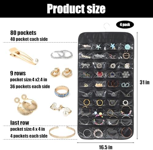 4 Pack Black Hanging Jewelry Storage with 80 Pockets, Double-Sided Closet Jewelry Organizer Hanging for Earrings, Necklaces, Rings, Bracelets - Image 2