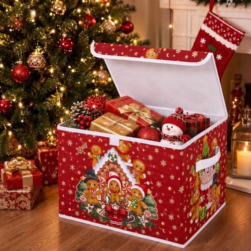 Briwooody Christmas Gingerbread Storage Bin with Lid and Carrying Handle Gingerbread Man Foldable Storage Box Large Xmas Decorative Collapsible Container Basket for Organizing Closet Home Bedroom Gift - Image 4