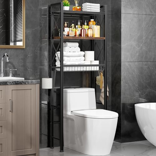 Kalrin Over The Toilet Storage with X Shape Side Guardrail, 3-Tier Over Toilet Storage Rack with Drain Basket, Freestanding Bathroom Organizer for Balcony Laundry, Vintage Brown by Kalrin