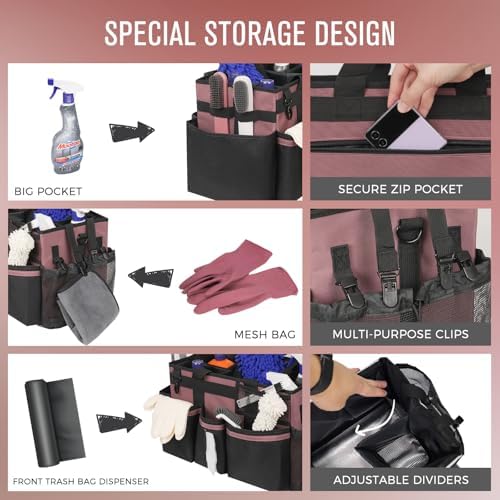 SCAVATA Wearable Cleaning Caddy, Cleaning Caddy Supplies Organizer with Handle & Shoulder Straps for Housekeepers, Under Sink & Car Cleaning Tool Organizers Bag with 4 Foldable Divider (LotusPink) - Image 2