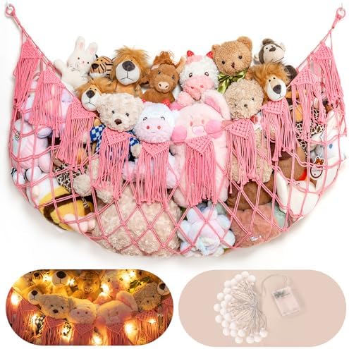 Boho Stuffed Animal Hammock, Falt Wall or Corner Hanging, Pink, XL by MORCCO