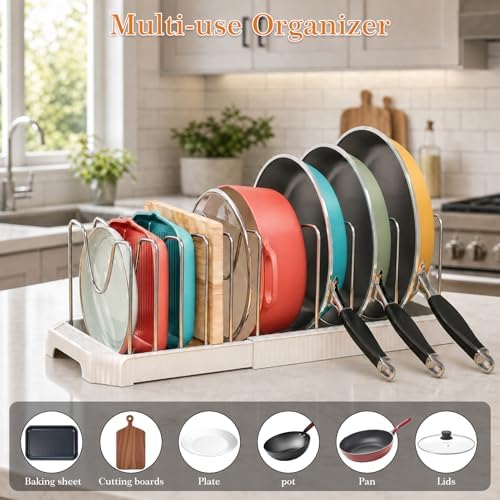1 Pack Expandable Pots and Pans Organizer Under Cabinet, 13-22" Kitchen Cabinet Organizer with 10 Adjustable Dividers and 10Pcs Pot Protectors for Lids, Baking Sheets & Cookware (1, White) - Image 3