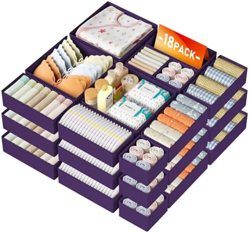 DIMJ Drawer Organizer Clothes 18 Pack - Foldable Baby Organizers and Storage & Dresser Organizer for Bedroom, Closet - Nursery Organization Dresser Dividers for underwear, Sock,Bra, Belt, Tie, Purple by DiMJ