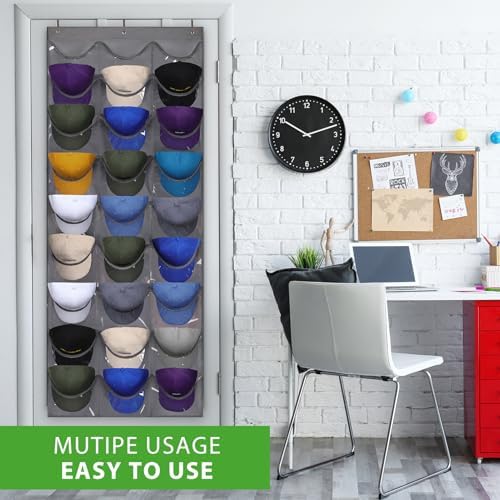 Dofilachy Hat Rack - Hat Organizer - Hat Racks for Baseball Caps, Visible Hat Holder - Baseball HatRack for Wall Door with 3 Hooks, 27 Deep Pockets - Image 6