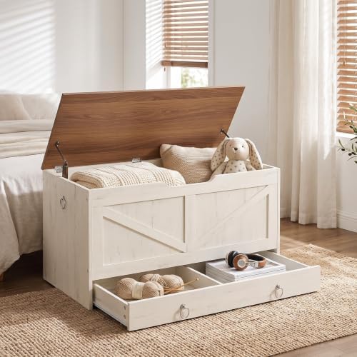 HOOBRO Storage Chest, 39.3" Toy Chest with Drawer, Wooden Storage Bench, Sturdy Entryway Bench Supports 330 lb, Safety Hinge, U-Shaped Opening, Easy Assembly, Cloud White and Walnut IH710CW01G2 - Image 4