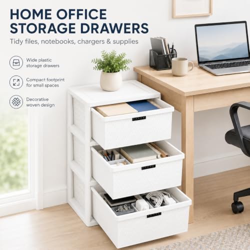 Wide 3-Drawer Plastic Storage Tower with Cross-Weave Removable Bins - Image 5