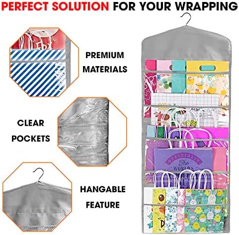 Gift Bag and Tissue Paper Storage, Hanging Organizer with Multiple Front and Back Pockets Double Sided, Organize Gift Wrap and Paper Bags 38 x 16 Inch (Grey) - Image 4