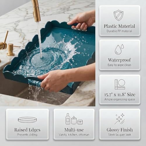 Gesodant Scalloped Glossy Plastic Lacquer Decorative Tray, 15.7 x 11.8 Inch Rectangle Serving Tray with Handles for Coffee Table, Ottoman, Bedroom Vanity, Living Room Centerpiece (Teal Blue) - Image 6