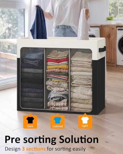 Optish 180L Laundry Hamper 3 Section, Large Hamper with Mesh Bags & Lid - Image 3