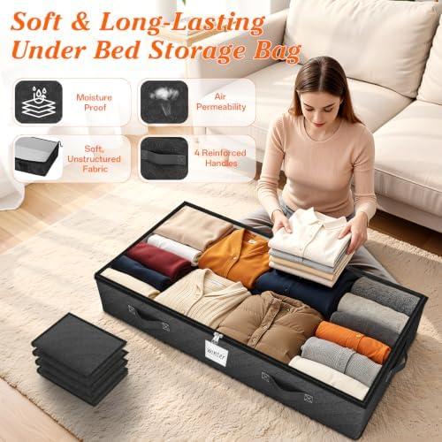 90L Under Bed Storage Containers, Storage Bags, Organizers, 6-Pack, Black - Image 3