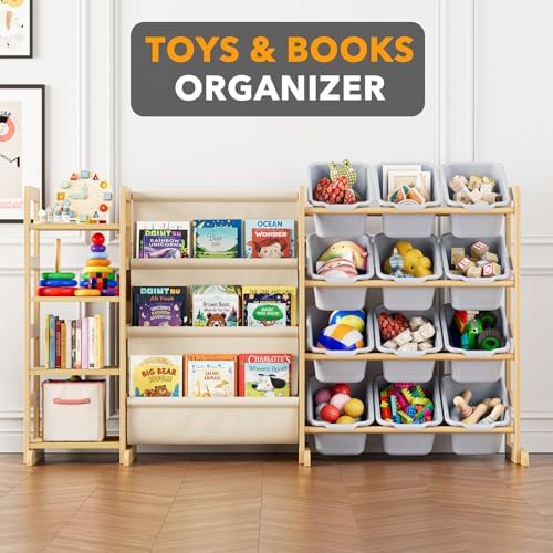 SpaceAid 3-in-1 Toy Storage Organizer with 4 Shelves and 12 Bins, Toy Organizers Storage 3-Tier Bookshelf, Kids Bin Shelf Box Bookcase for Bedroom Playroom Organization Room Decor, Neutral Gray - Image 4