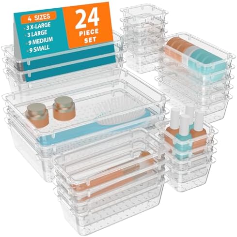 WOWBOX 24 PCS Clear Plastic Drawer Organizer Set, 4 Sizes Desk Drawer Organization and Storage Containers for Makeup, Cosmetics, Jewelry and Gadgets in Kitchen, Bathroom, Bedroom, Office, Clear by WOWBOX