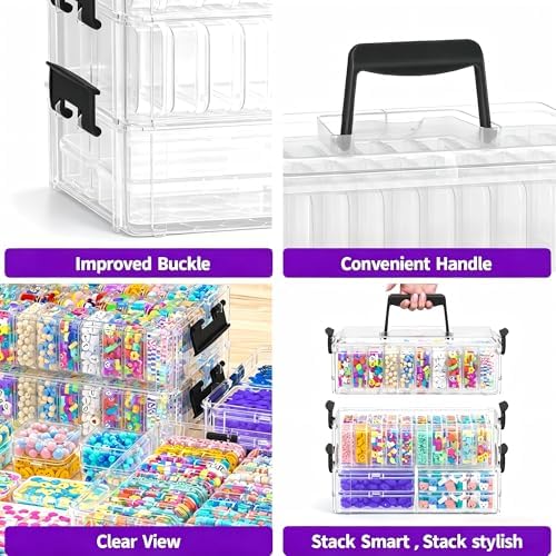 Bead Organizer Box 58 Pcs, 3-Tier Stackable Storage Box, and 3 Different Container Sizes Small Plastic Containers with Lids, Portability, Clear Organizers for Jewelry DIY Craft Storage - Image 6