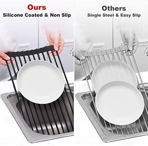 MERRYBOX Roll Up Dish Drying Rack, Silicone Wrapped Over The Sink Dish Rack Foldable Dish Drainer Anti-Slip Dish Racks for Kitchen Counter, Multipurpose Kitchen Sink Drying Rack, 18" x 13", Black - Image 6