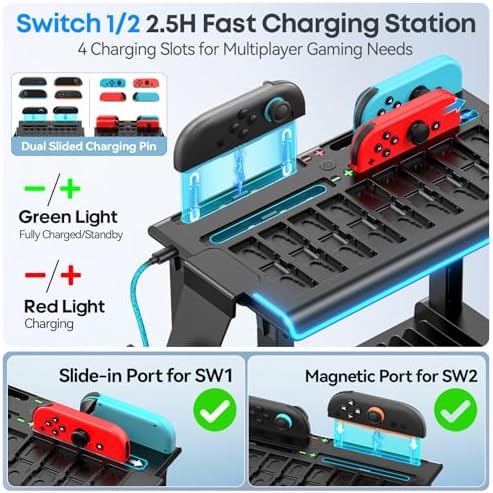 Switch 2/1/OLED RGB Organizer Station with Controller Charging Dock, Switch Storage Stand, Joycon 1/2 Charger, Gaming Accessories Holds TV Dock, 16 Game Cases, 18 Game Cards, and 2 Pro Controllers - Image 2