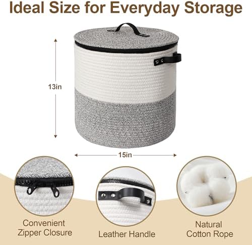 Storage Basket with Lid, 15"x13" Round Woven Blanket Storage for Living Room, Soft Cotton Rope Bin with Zipper Top, Shoe Basket with Lid for Entryway, Floor Kids Dog Toy Bin Box with Cover - Image 2