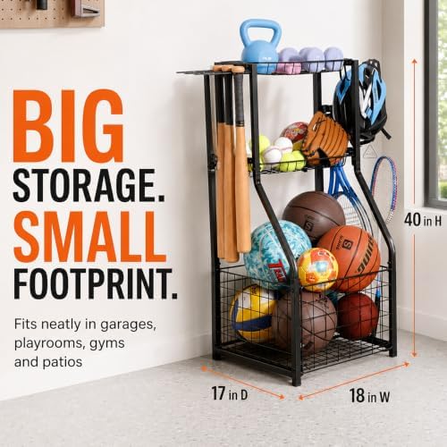 YueTong Garage Sports Organizer with Ball Rack, Bat Holder and 4 Hooks - Image 5