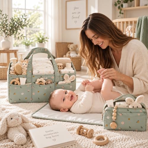 PeraBella Baby Diaper Caddy Organizer 3 Pcs Set, Floral Baby Basket Shower Gift, Nursery Organizer Basket for Newborn Boy Girl Essential Items, Changing Table Organizer Caddy for Baby Stuff, Car Caddy - Image 5