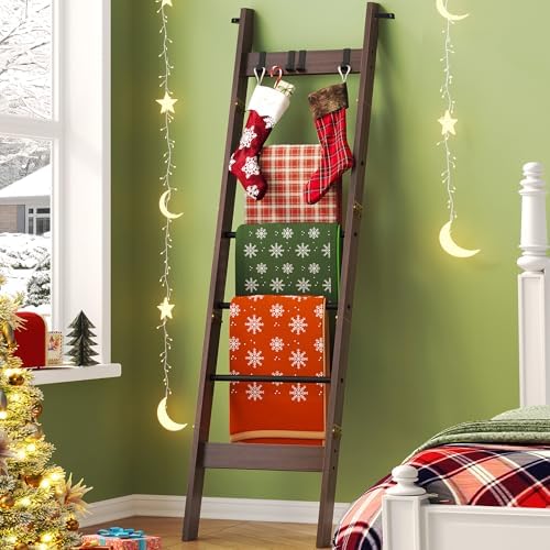 Hzuaneri Blanket Ladder Decorative Quilt Rack with 4 Removable Hooks - Image 3