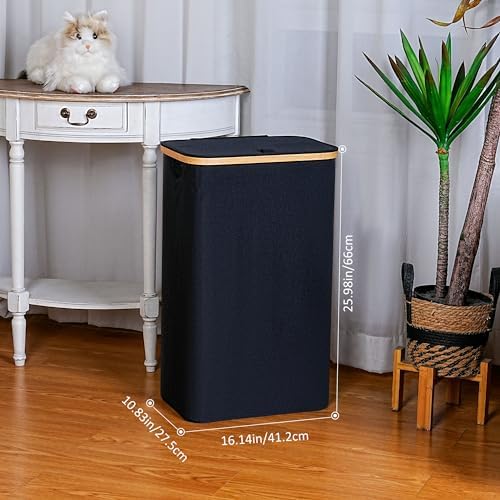 iEGrow 75L Slim Laundry Hamper, Narrow Laundry Basket with Lid,Foldable Clothes Hamper with Bamboo Handles,Hamper Basket with Removable Inner Bag for Laundry Room Bedroom College Dorm,19.8 Gals Black - Image 2
