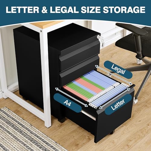 MIIIKO 3 Drawer File Cabinet on Wheels, Home Office Mobile File Cabinet Under Desk, Full Assembled Metal Filing Cabinets with Lock for Legal/Letter/A4 File Folders - Image 5