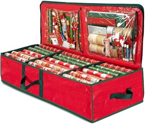 ZOBER Gift Wrapping Paper Organizer Storage - 40" Gift Wrap Storage Containers With Interior Pockets For Bows, Tags & Ribbons - Wrapping Paper Holder, Waterproof, Fits 24 Standard Rolls, Red by ZOBER