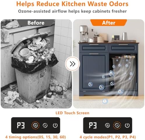 Double 10 Gallon Tilt Out Trash Can Cabinet with Deodorizing Function and Power Outlet, Wooden Hidden Garbage Can Holder with 2 Storage Drawers for Kitchen, Laundry Hamper Cabinet for Bathroom, Blue - Image 3