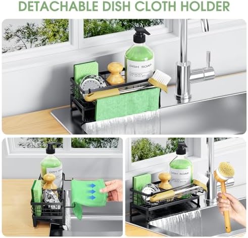 Self-Draining Kitchen Sink Caddy, Rustproof Non-Slip Metal Sponge Holder with Detachable Dish Cloth Holder (Black) - Image 6