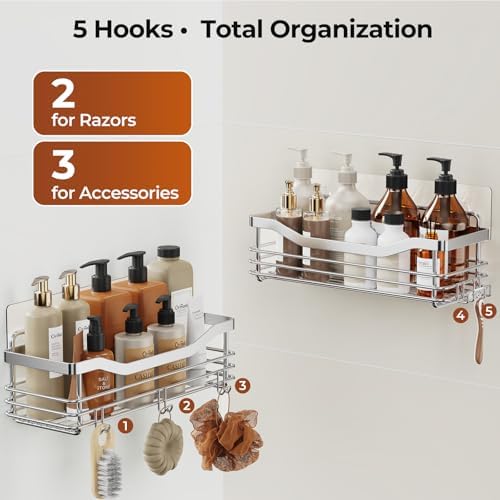 Orimade Shower Caddy Basket Shelf Storage Rack Pack of 2, No Drilling Wall Mounted Adhesive Rust Resistant Stainless Steel Shower Organizer with 5 Hooks for Bathroom, Toilet, Kitchen - Image 6