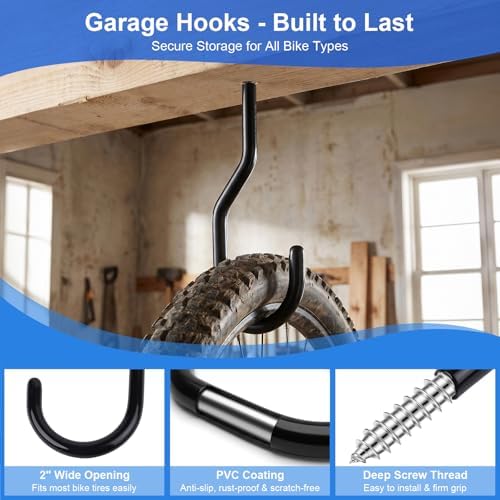 Garage Hooks Heavy Duty, Bike Hooks for Garage Wall Ceiling Mount, 100lbs Capacity Carbon Steel Bicycle Hangers with Anchors, Wide Opening Utility Storage Hooks for Mountain Road Bike Ladder 4 Pack - Image 3